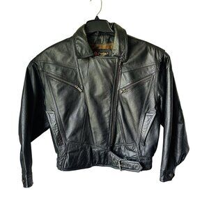 Vintage Suzies Black Leather Jacket M Cropped Style With Belted Waist & Zippered